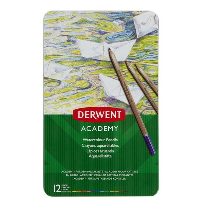 Derwent Academy Lápices de Colores Acuarelables Surtidos en Caja Metálica de 12 Unidades