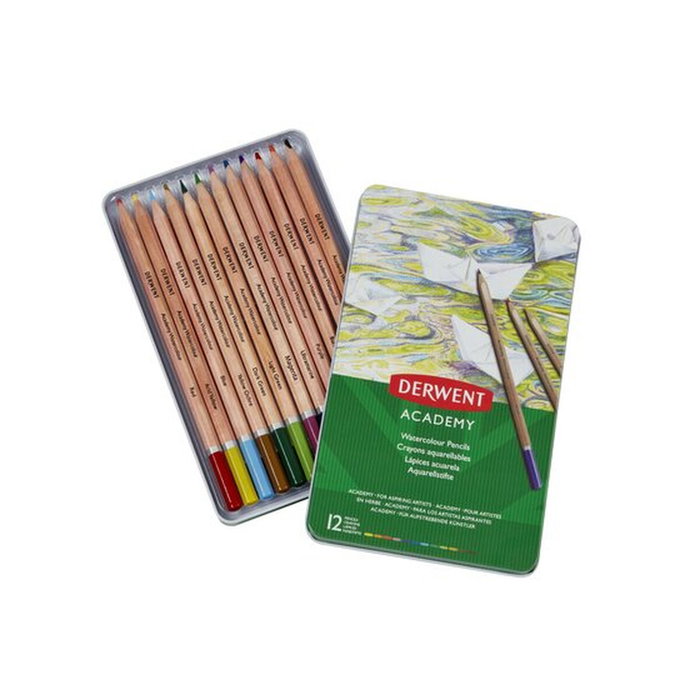 Derwent Academy Lápices de Colores Acuarelables Surtidos en Caja Metálica de 12 Unidades