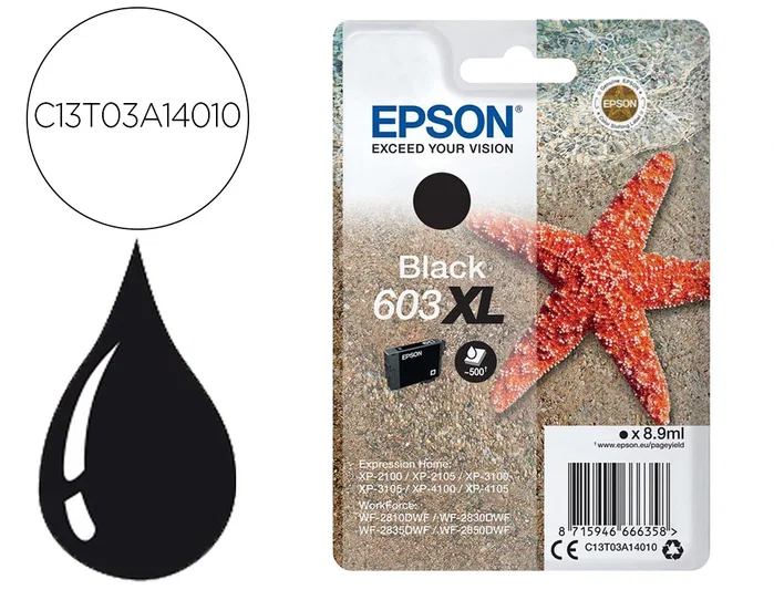 Epson Cartucho de tinta 603XL Negro C13T03A14010 (8,9 ml) de alto rendimiento (XL) de alta capacidad