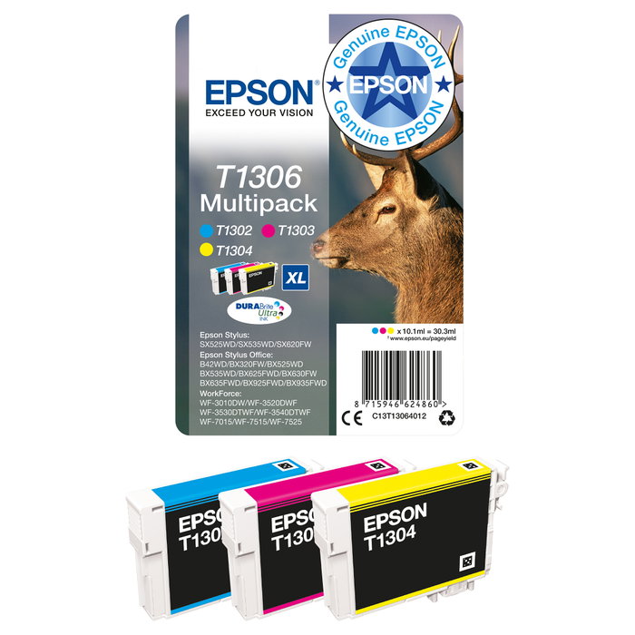 Epson Multipack T1306 Tinta Original XL (Cian, Magenta, Amarillo) de Alta Capacidad