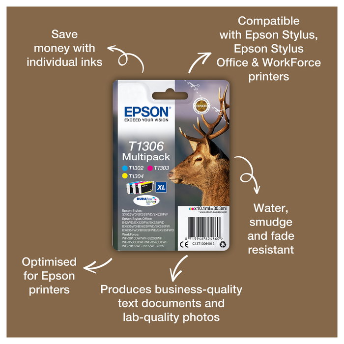 Epson Multipack T1306 Tinta Original XL (Cian, Magenta, Amarillo) de Alta Capacidad