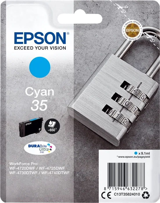 Epson Cartucho de tinta Cian 35 DURABrite Ultra C13T35824010, Rendimiento Estándar