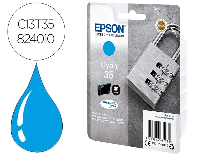 Epson Cartucho de tinta Cian 35 DURABrite Ultra C13T35824010, Rendimiento Estándar