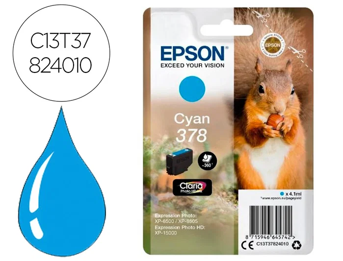 Epson Singlepack Cyan 378 Claria Photo HD Ink C13T37824010 Epson Singlepack Cyan 378 Claria Photo HD Ink C13T37824010