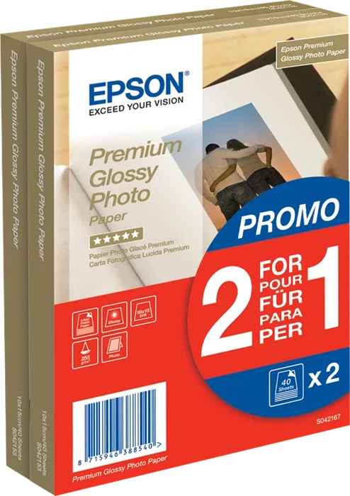 Epson Premium Glossy Photo Paper 10 x 15 cm, 2x 40 Hojas, 255 g/m² Epson Premium Glossy Photo Paper 10 x 15 cm, 2x 40 Hojas, 255 g/m²