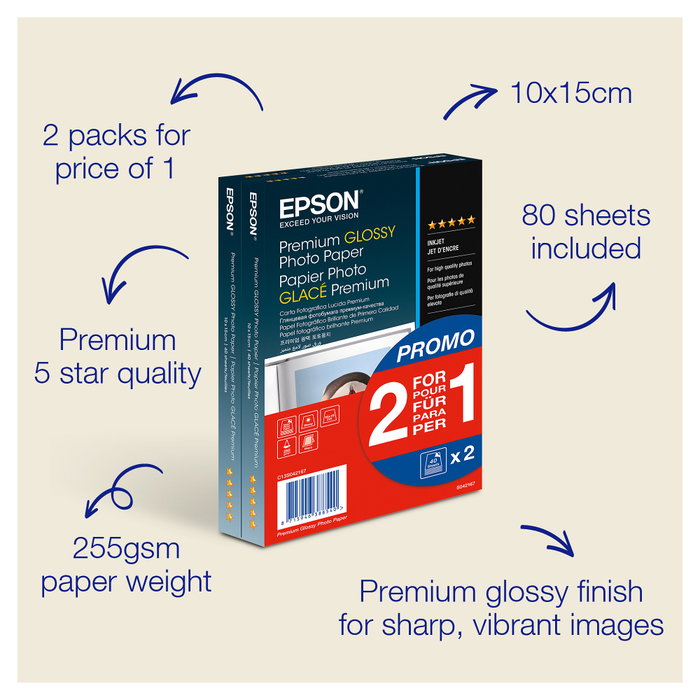 Epson Premium Glossy Photo Paper 10 x 15 cm, 2x 40 Hojas, 255 g/m² Epson Premium Glossy Photo Paper 10 x 15 cm, 2x 40 Hojas, 255 g/m²
