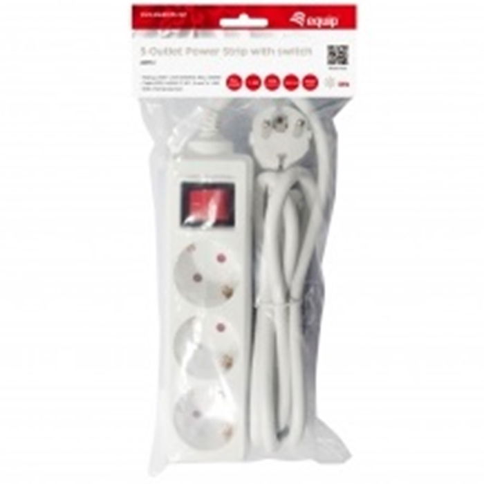 Equip Regleta de Pared con 3 Tomas y Interruptor, Cable de 1.5 m, 3500W 16A, Protección Infantil, Color Blanco