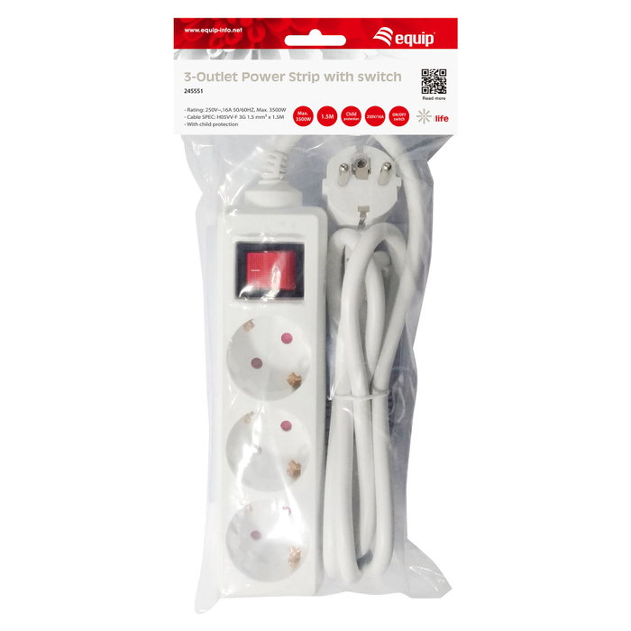 Equip Regleta de 3 Tomas con Cable de 1,5m y Interruptor Equip Regleta de 3 Tomas con Cable de 1,5m y Interruptor