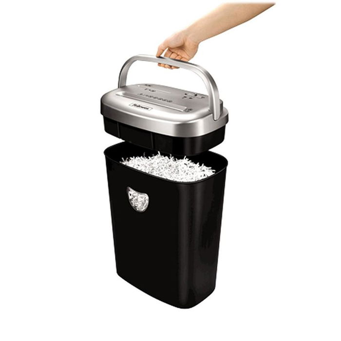 Fellowes 4653101 Destructora de Papel 53C, Corte en Partículas 4x35mm, 10 Hojas, Papelera 23L, para Grapas, Clips, Tarjetas y CDs, Uso Hogar/Office, Negro/Plateado