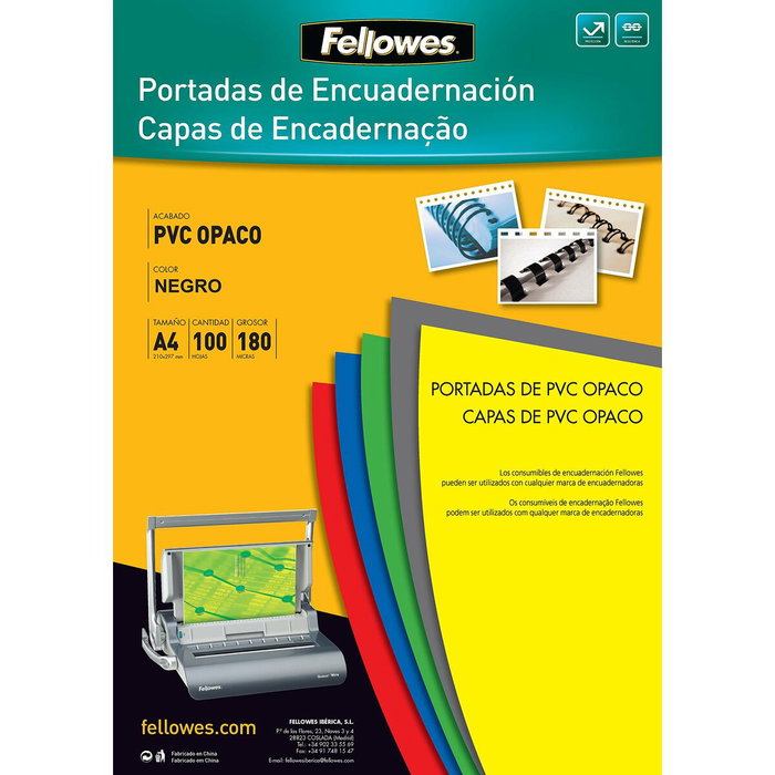 Fellowes Portadas de Encuadernación A4 PVC Opaco Negro 180 Micras
