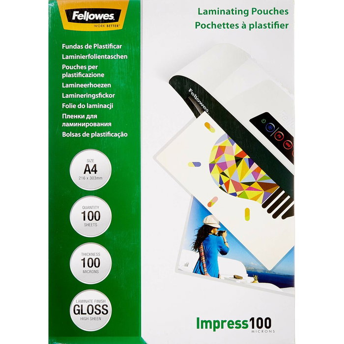Fellowes Fundas de plastificar brillo A4 100 micras, pack 100