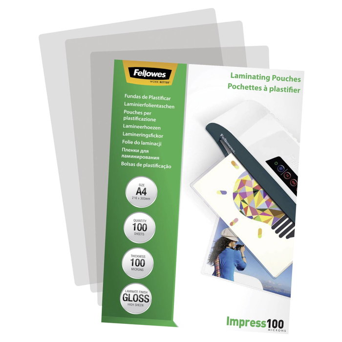 Fellowes Fundas de plastificar brillo A4 100 micras, pack 100