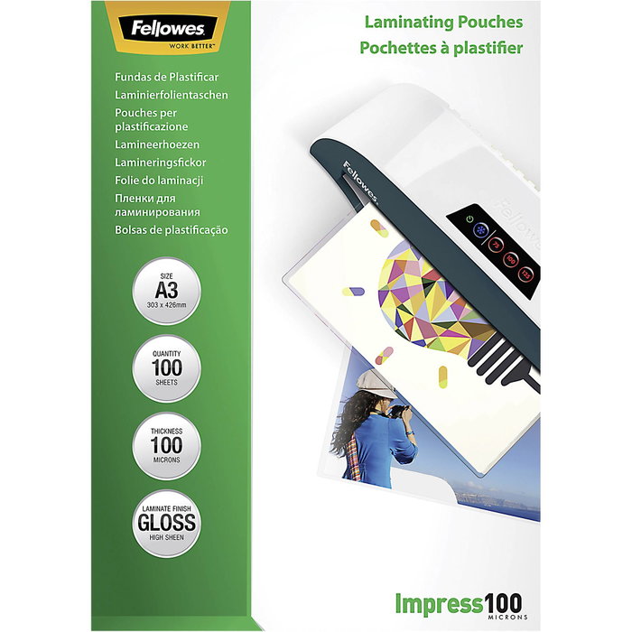 Fellowes Fundas de Plastificar A3 Brillo 100 Micras Pack 100