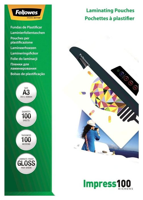 Fellowes Fundas de Plastificar A3 Brillo 100 Micras Pack 100