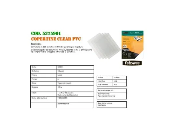 Fellowes Portadas de PVC A4 Transparente 180 Micras Pack 100 Unidades
