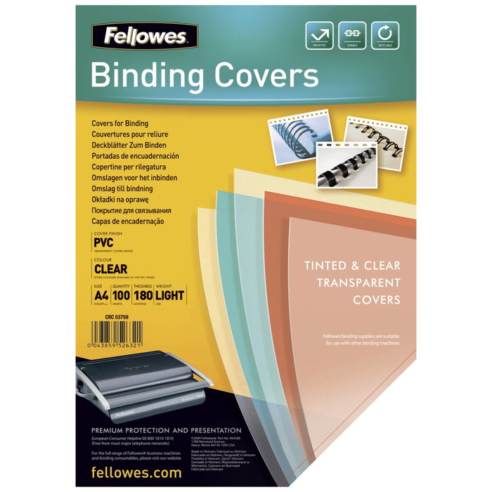 Fellowes Portadas de PVC A4 Transparente 180 Micras Pack 100 Unidades