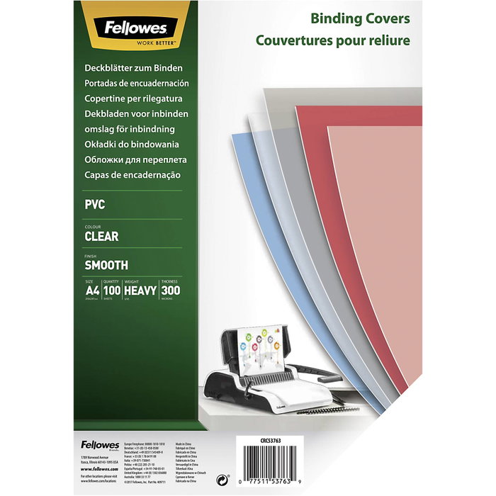Fellowes Portada de PVC A4 Transparente 300 Micras, Caja de 100 Fellowes Portada de PVC A4 Transparente 300 Micras, Caja de 100