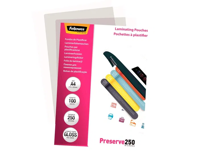 Fellowes Bolsa Plastificar Brillo DIN A4 250 mc Pack 100 Unidades