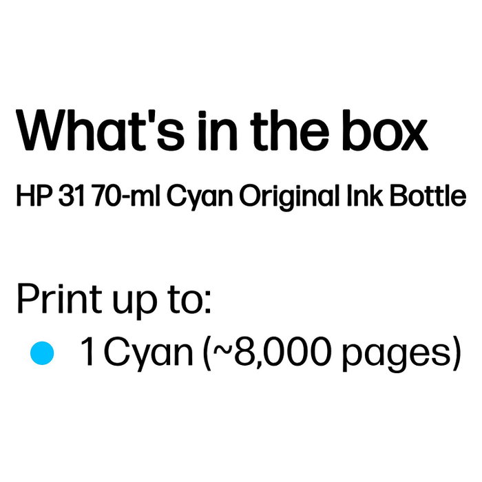 HP Botella de tinta original 31 cian 70 ml (1VU26AE) 8000 páginas HP Botella de tinta original 31 cian 70 ml (1VU26AE) 8000 páginas