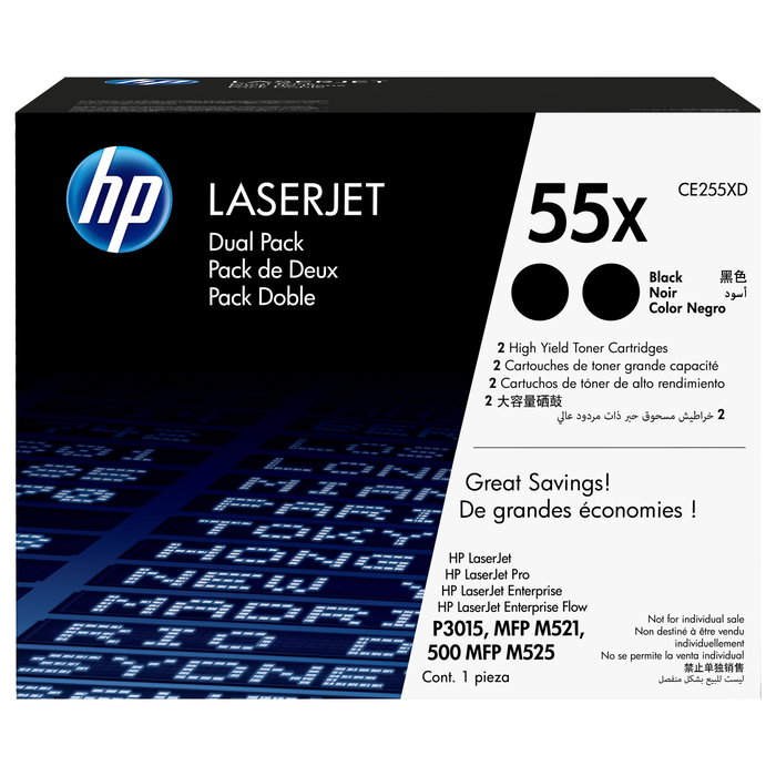 HP 55X CE255XD Negro Multipack de 2 Cartuchos de Alto Rendimiento (XL)