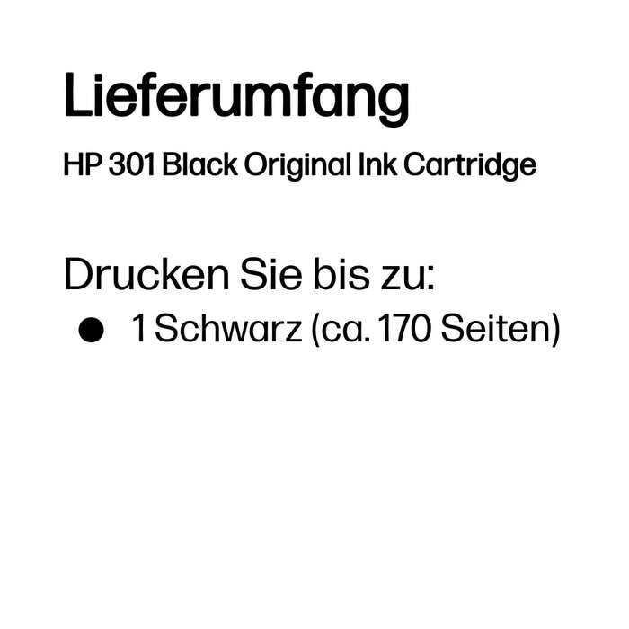 HP Cartucho de tinta 301 Negro CH561EE (Rendimiento estándar) la descripción de este producto es la siguiente: <p>Los cartuchos de tinta negra HP 301 están diseñados para ofrecer funciones intuitivas y un gran valor. Imprima documentos con texto negro de calidad láser e imágenes nítidas que resisten la decoloración durante décadas. Obtenga una calidad de imagen mejorada utilizando papeles con el símbolo ColorLok.</p><ul><li>Tipo de cartucho: Rendimiento estándar</li><li>Color: Negro / Foto negro</li><li>Capacidad de tinta: 3 ml</li><li>Rendimiento de página: Hasta 170 páginas</li><li>Tecnología de impresión: Inyección de tinta</li><li>Compatibilidad: HP DeskJet, ENVY y OfficeJet series</li><li>Contenido del paquete: 1 cartucho original HP</li></ul><p>Confíe en el rendimiento y la impresión homogénea de los cartuchos de tinta HP originales. Todos los cartuchos originales HP son completamente nuevos para garantizar una impresión perfecta. Además, el programa HP Planet Partners le facilita el reciclado de sus cartuchos de impresión.</p>