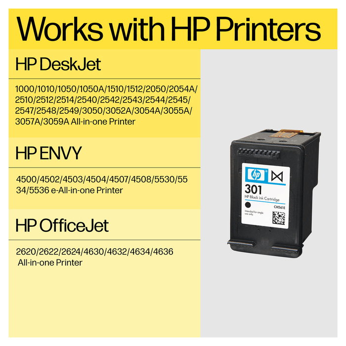 HP Cartucho de Tinta Original 301XL CH563EE Negro de Alta Capacidad XL, 8 ml, 360 páginas, Compatible con HP DeskJet 2540