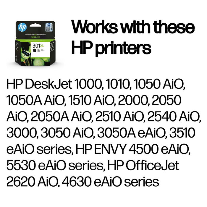 HP Cartucho de Tinta Original 301XL CH563EE Negro de Alta Capacidad XL, 8 ml, 360 páginas, Compatible con HP DeskJet 2540