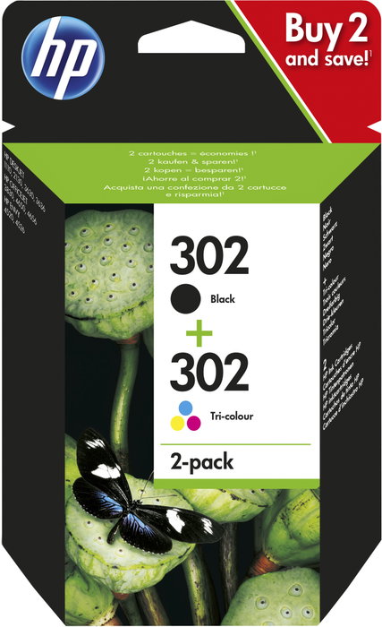 HP Paquete de ahorro 302 de 2 cartuchos de tinta Negro y Tricolor (X4D37AE)
