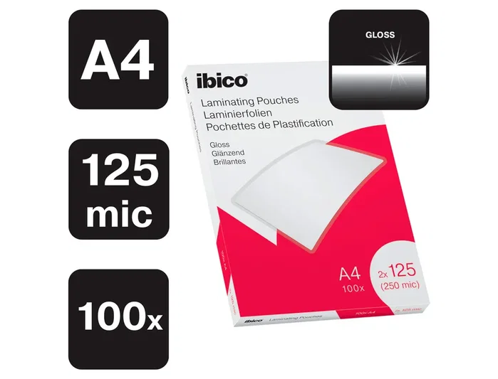 Ibico Fundas de Plastificar A4 Brillo 2x125 Micras Pack 100 UD Ibico Fundas de Plastificar A4 Brillo 2x125 Micras Pack 100 UD