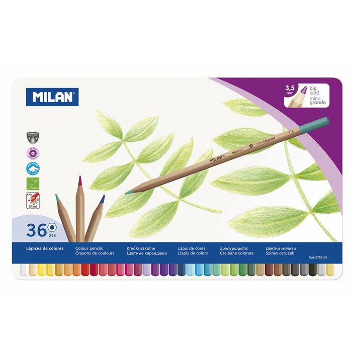 MILAN Lápices de Colores Hexagonal Mina Gruesa 3,5 mm Caja Metálica de 36