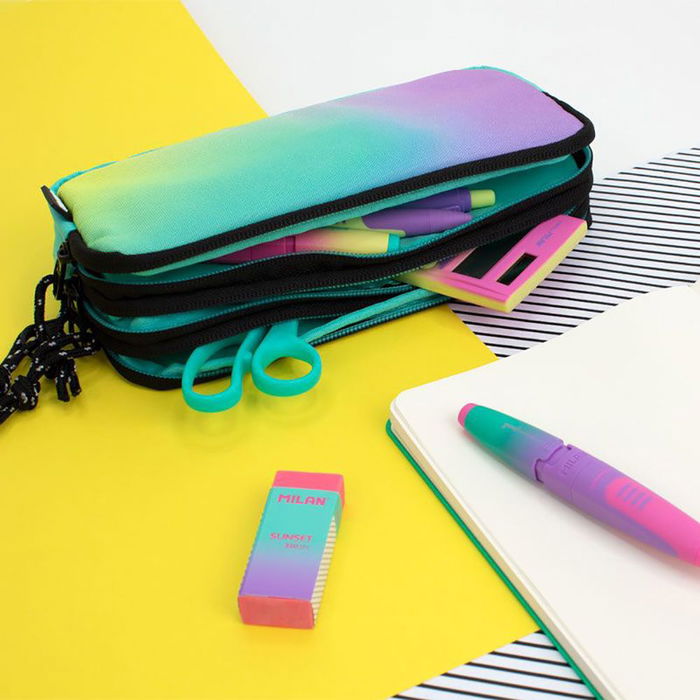 Milán Estuche Portatodo Sunset 3 Cremalleras Verde-Lila Ripstop Poliéster 22x11x6.5cm