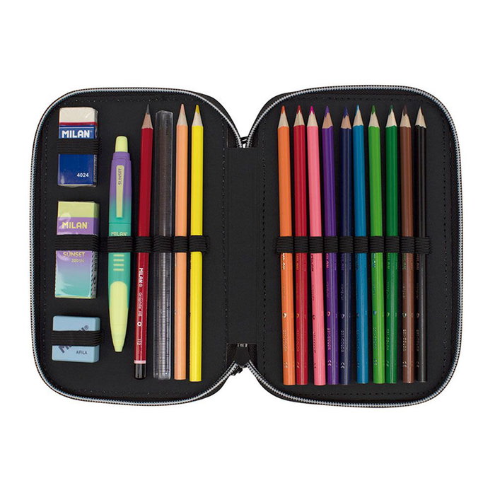 Milán Plumier 2 Pisos Sunset Negro y Rosa con Contenido, 19,5x13x5cm