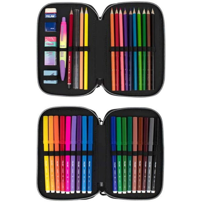 Milán Plumier de 2 pisos Sunset Negro y Rosa con Contenido