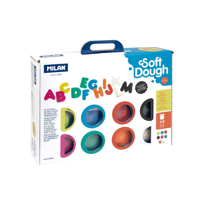 Milán Kit de Pasta Blanda Soft Dough con Abecedario y 8 Botes de Colores
