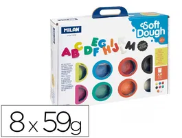Milan Pasta para modelar Soft Dough con 8 botes de colores surtidos (59 g cada uno), letras y herramientas, maletín, juguete para la creatividad