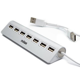 Nilox Hub USB 2.0 de 7 Puertos con Cable Integrado, Aluminio Negro, Carga y Transferencia de Datos, Plug and Play