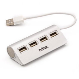 Nilox Hub USB 2.0 de 4 Puertos con Cable de 15,5 cm, Aluminio, Blanco, Carga y Transferencia de Datos, Plug&Play
