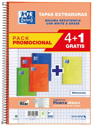 Oxford Cuaderno Espiral Write&Erase Folio 80 Hojas Milimetrado Pack 4+1 Colores Vivos