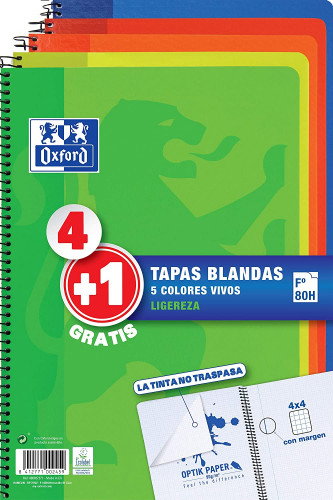 Oxford Pack 4+1 Cuaderno Espiral Tapa Blanda Folio 80 Hojas 4x4mm Colores Vivos