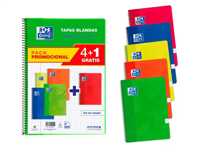 Oxford Pack 4+1 Cuaderno Espiral Tapa Blanda Folio 80 Hojas 4x4mm Colores Vivos