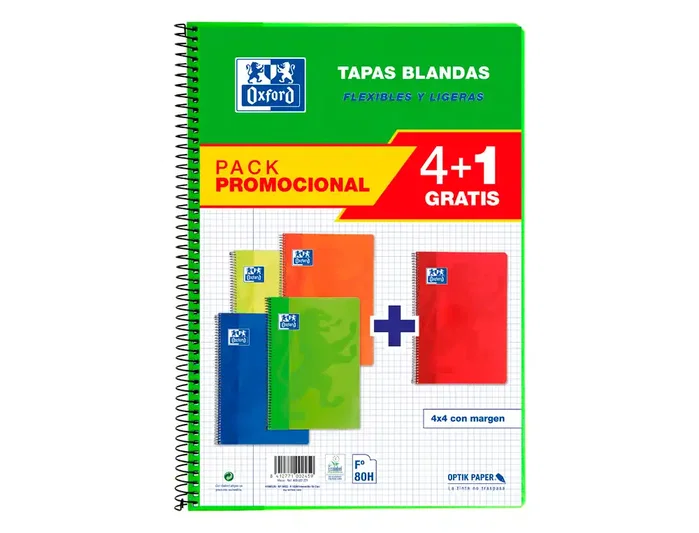 Oxford Pack 4+1 Cuaderno Espiral Tapa Blanda Folio 80 Hojas 4x4mm Colores Vivos
