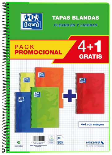 Oxford Pack 4+1 Cuaderno Espiral Tapa Blanda Folio 80 Hojas 4x4mm Colores Vivos