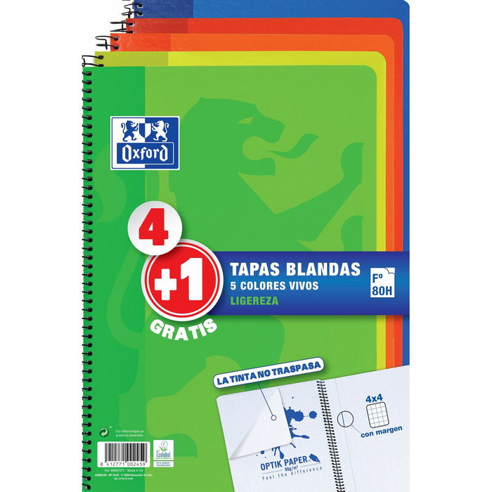 Oxford Pack 4+1 Cuaderno Espiral Tapa Blanda Folio 80 Hojas 4x4mm Colores Vivos