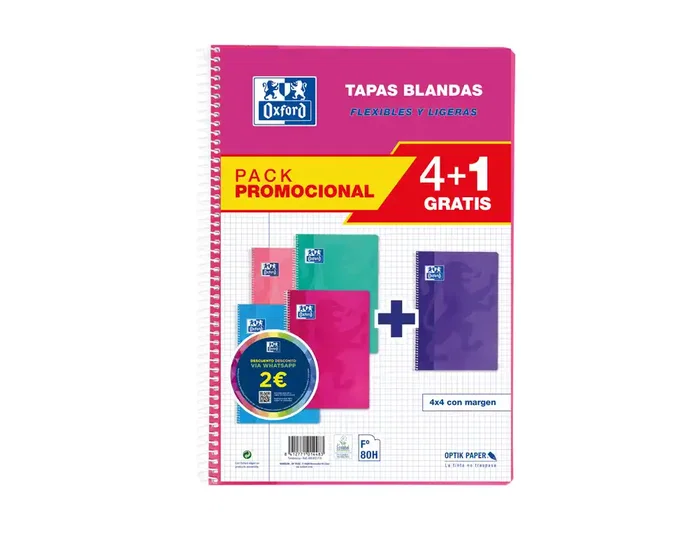 Oxford Pack de 5 Cuadernos School Espiral Folio 80 Hojas 4x4mm Tapa Blanda