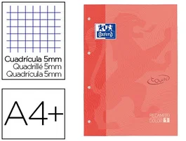 Oxford Recambio Color Coral DIN A4+ 80 Hojas 90 g Cuadriculado 5 mm