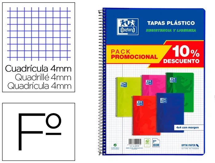 Oxford Pack 5 Cuadernos Espiral Folio 80 Hojas 4x4mm Colores Vivos