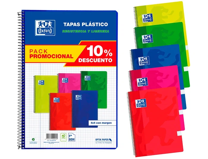 Oxford Pack 5 Cuadernos Espiral Folio 80 Hojas 4x4mm Colores Vivos