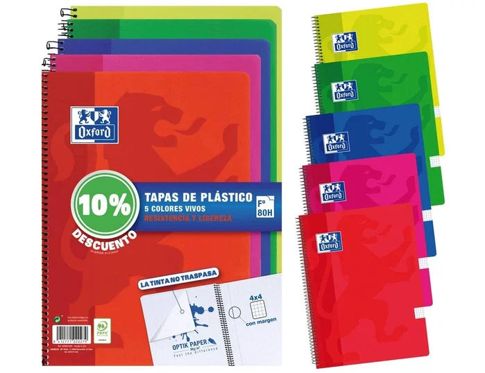 Oxford Pack 5 Cuadernos Espiral Folio 80 Hojas 4x4mm Colores Vivos