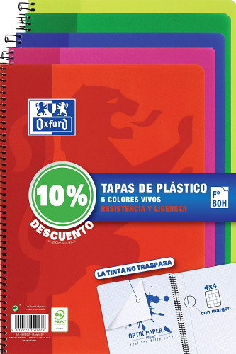 Oxford Pack 5 Cuadernos Espiral Folio 80 Hojas 4x4mm Colores Vivos