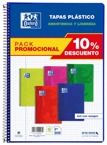 Oxford Pack 5 Cuadernos Espiral Folio 80 Hojas 4x4mm Colores Vivos